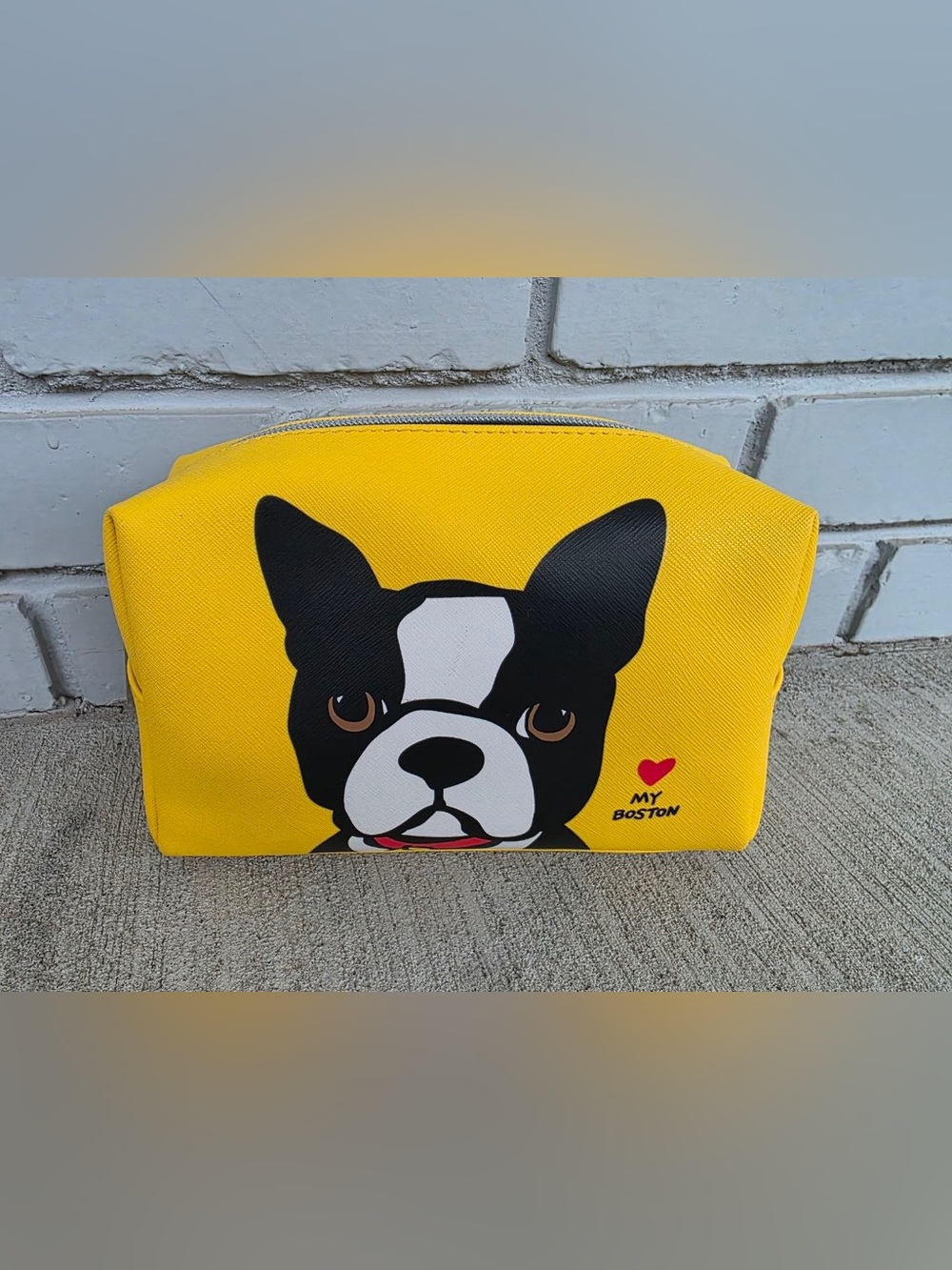 Marc Tetro Boston Terrier Cosmetic Bag – Yellow Travel Pouch Excellent Condition